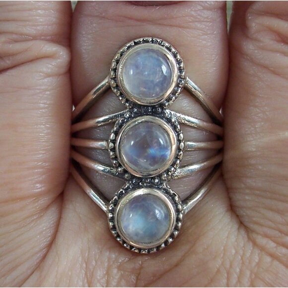 925 STERLING SILVER Genuine Rainbow Moonstone Statement Ring - Picture 12 of 14